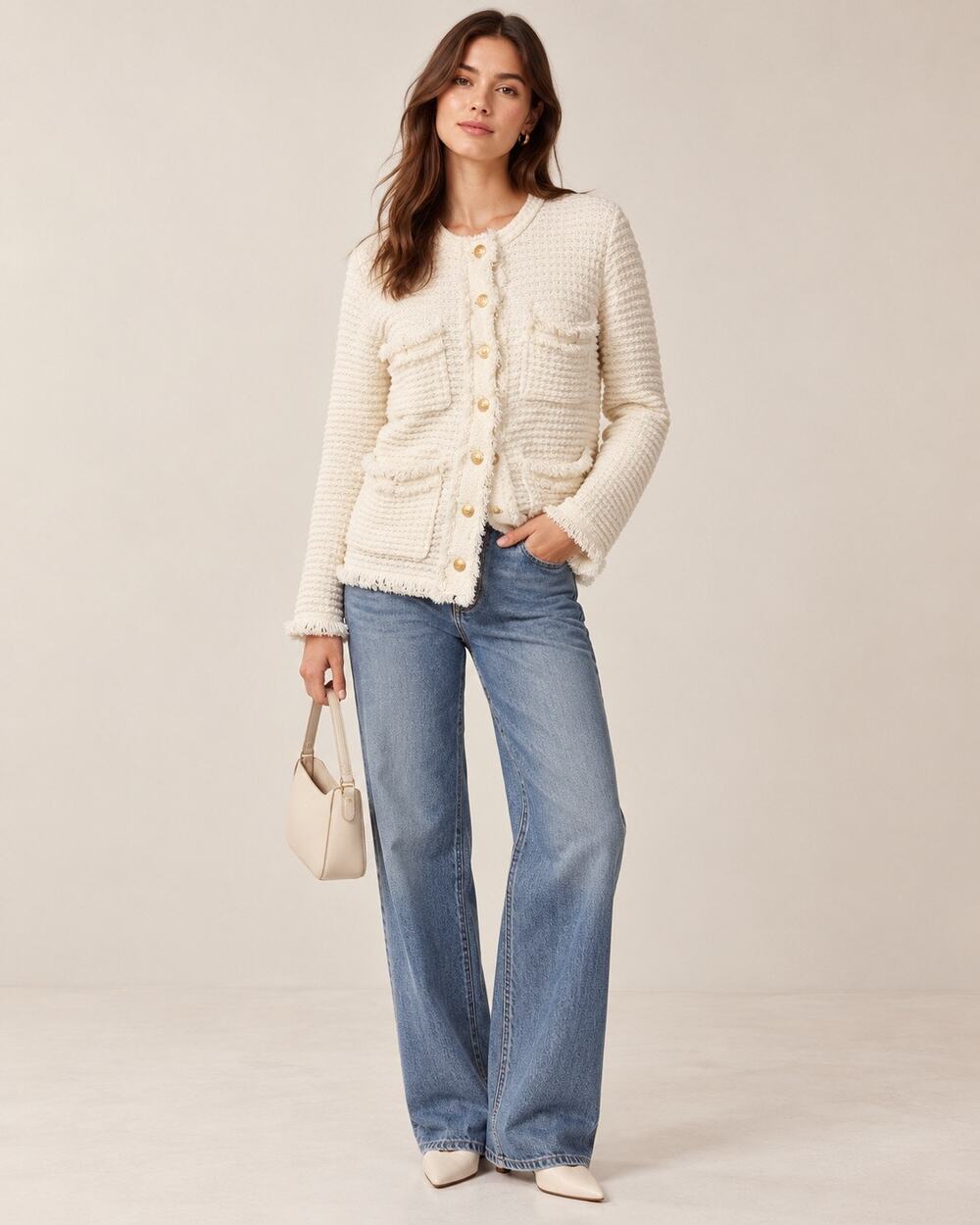 ME+EM Ivory Textured Knit Cardigan Sweater Blazer Gold Button Fringe Jacket